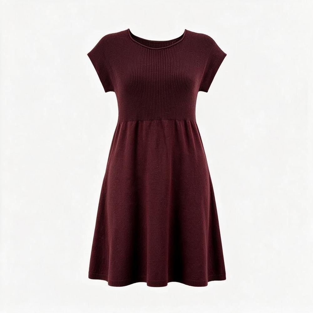 Eileen Fisher Womens M 100% Wool Burgundy Ribbed Knit A-Line Sweater Dress #3008